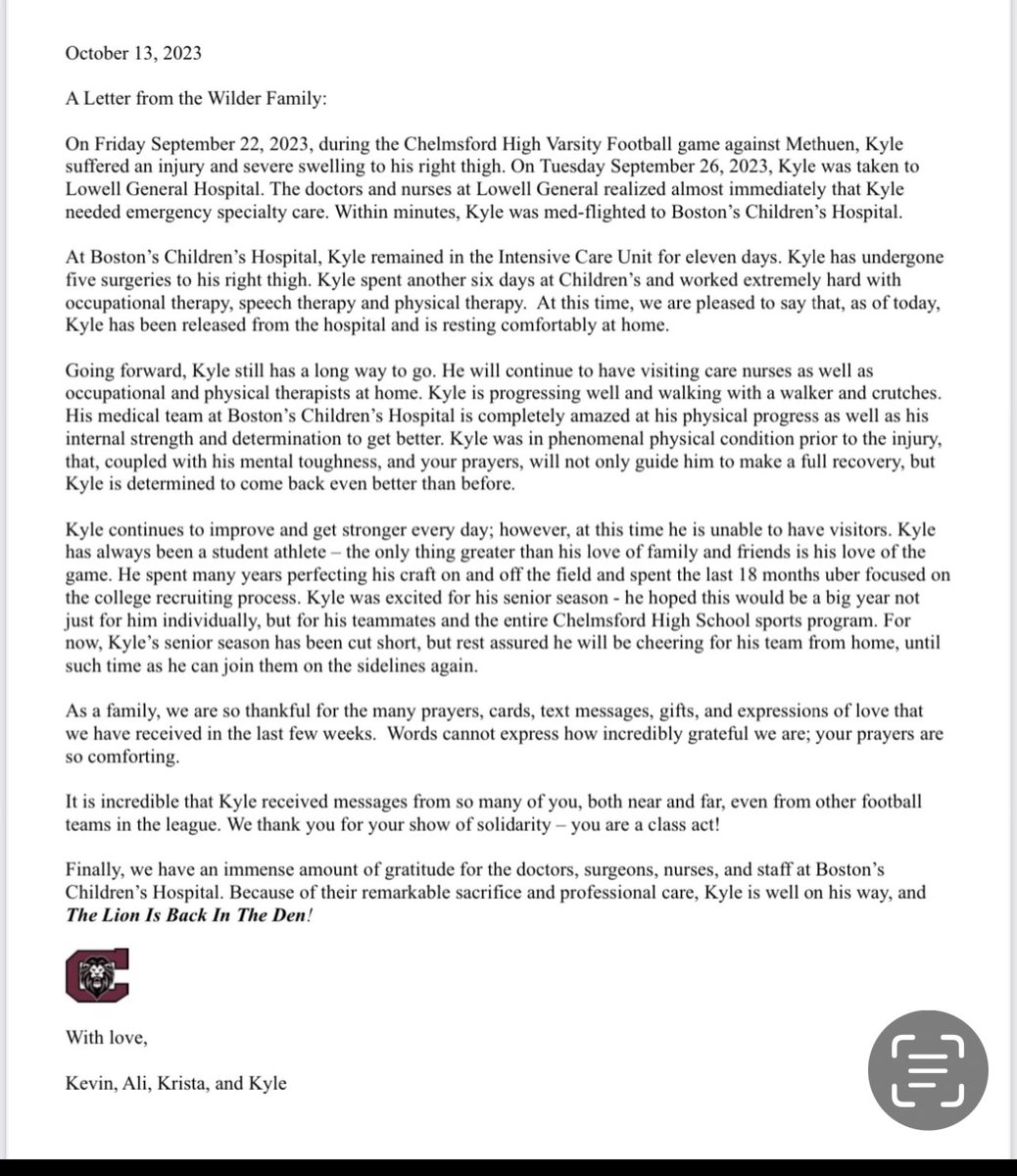 Some great news to share tonight from Kyle Wilder and his family.  Glad to have the Captain back home! ❤️ <a href="/ChelmsfordFb/">CHS Football 🦁</a> <a href="/CHS_Tundra/">The Tundra</a> <a href="/CPSchoolsMA/">Chelmsford Public Schools</a> <a href="/CHSASBoosters/">Chelmsford Booster Club</a>