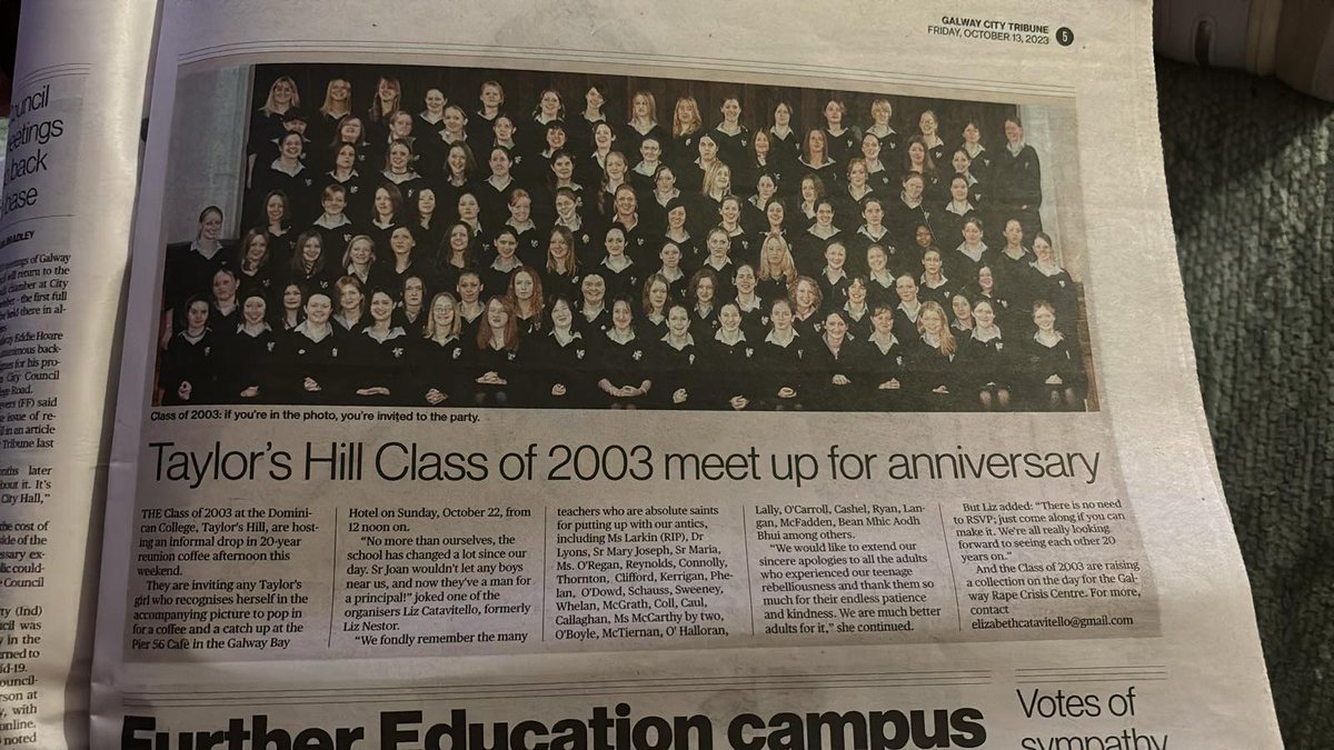 lorraine_lally's tweet photo. Thanks to the @CTribune and @daveoconnell1 for including this article!
20 years goes very quick! Its our class reunion!
Calling all Taylors Girls from the year 2003!
#Class2003 from @dominicangalway
Please come on Sunday 22nd if you can!
@uniofgalway @Galwaybayfmnews https://t.co/QJIlg7DmUX