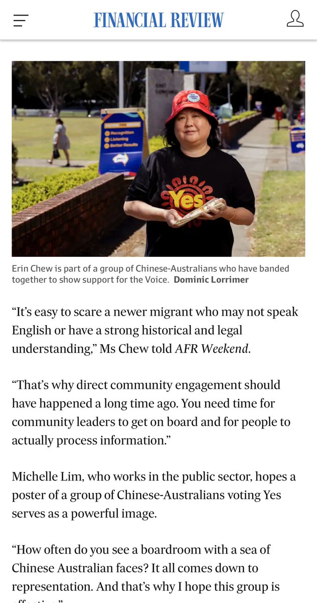 Chinese Oz is a very broad com who have diff views and u/standings of issues. I am proud to support the 'YES' campaign for an Indigenous voice and hope it helps a little in building solidarity. Here are some of my comments in @FinancialReview.#Yes23 afr.com/politics/feder….