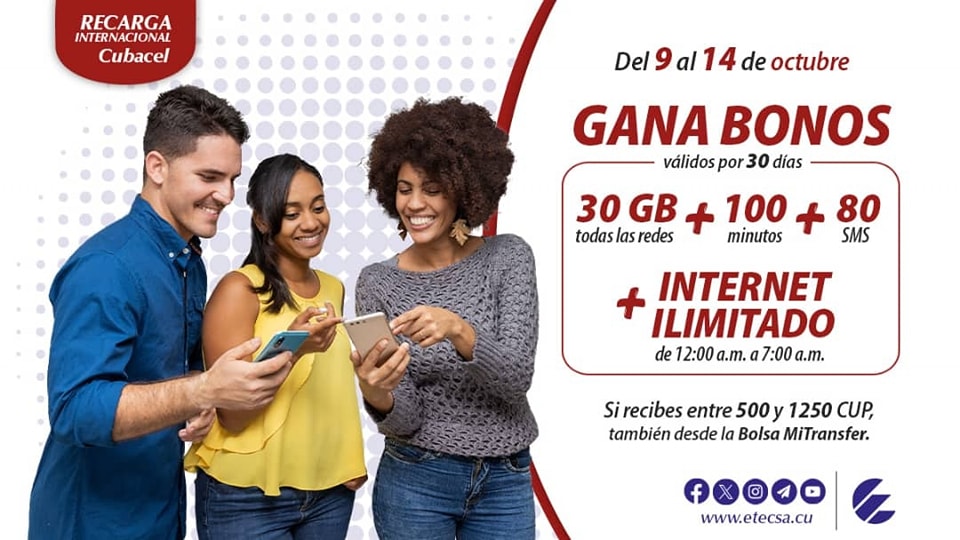 👉Todavía puede disfrutar de la promoción de #RecargaInternacional disponible hasta este sábado 14 de octubre 
👉Si recibes entre 500 y 1250 CUP, ganas bonos, válidos por 30 días de: 
✅30GB (todas las redes)  
✅100 Min
✅  80 SMS
✅+internet ILIMITADO de 12:00 a.m. a 7:00 a.m.