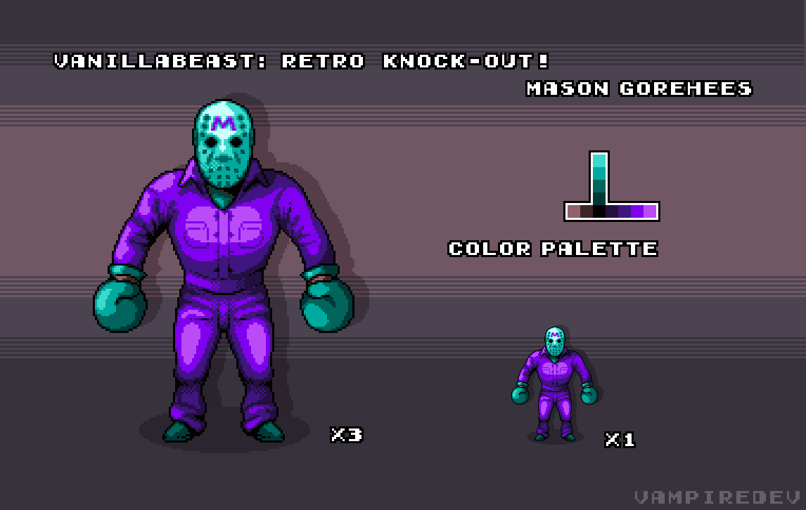 VampireDev8's tweet photo. Happy #FridayThe13th!!! 
I did the sprite and animation work for @TheVanillaBeast's "Mason Gorehees"

Get the game and fight him! https://t.co/bhQNmeDxXf

#pixelart #ドット絵 #indiegame https://t.co/8dQ70asc4x