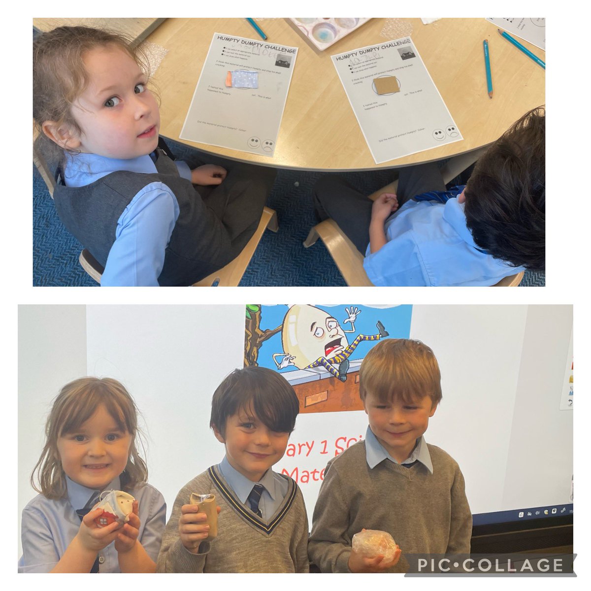StJosephsERC's tweet image. More predicting and testing out of Materials in P1 Science this week. This time we were trying to decide which material would best protect Humpty Dumpty’s shell from cracking.  Lots of quality discussions from the children and lots of excitement too! #ERCStem
