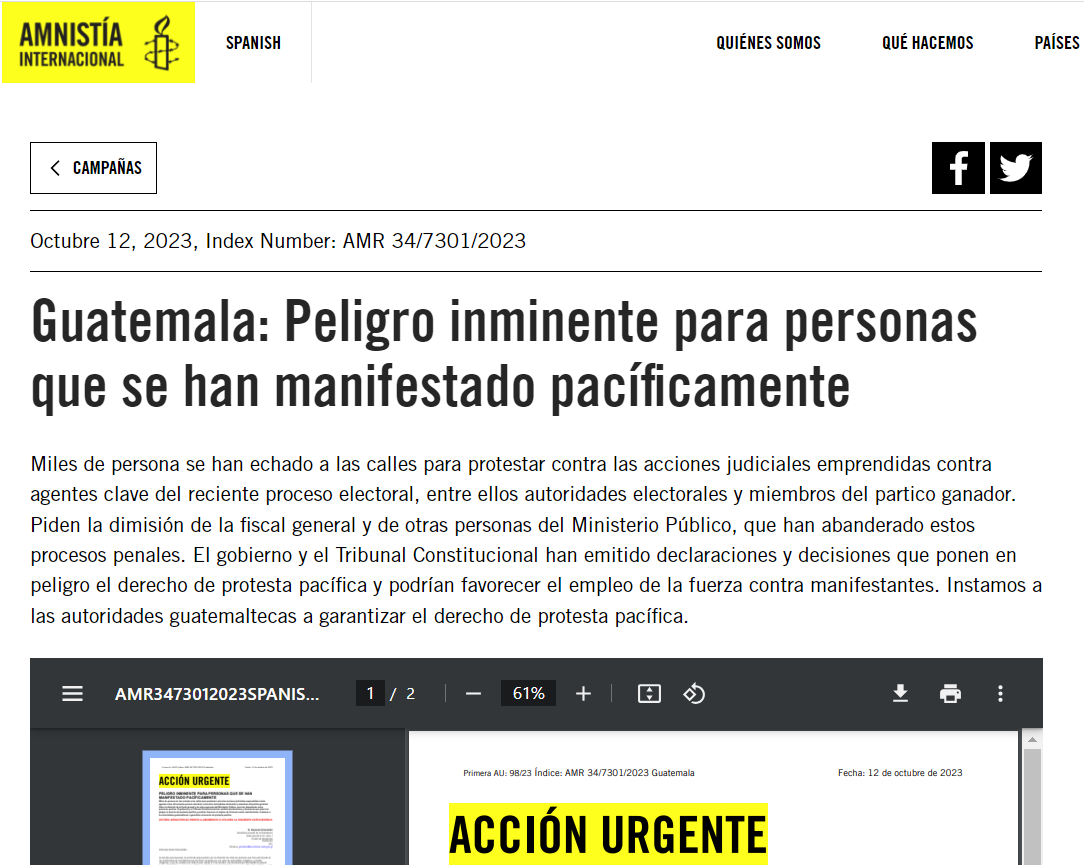 AmnistiaOnline's tweet photo. Emitimos una #AcciónUrgente para exigirle al presidente guatemalteco @DrGiammattei que respete y garantice los derechos de las personas que manifiestan pacíficamente en #Guatemala #ProtejamoslaProtesta 

https://t.co/aI5cC5gpFv https://t.co/DDfjx3XtRa