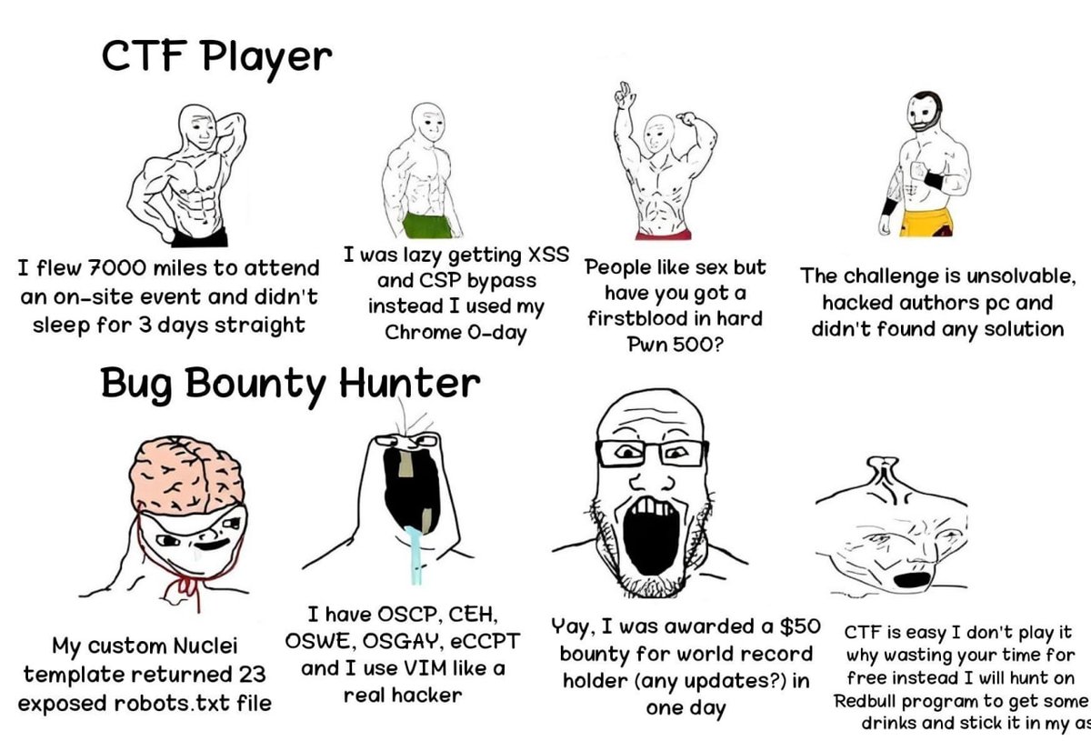CTF player VS bug bounty hunter 😂
#bugbounty #infosec #ctfplayers