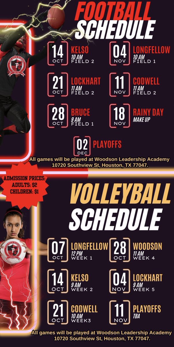 🏐🏈 Cheer on the Peck Cardinals this Saturday, October 14th! A morning filled with Volleyball (9 am) and Football (10 am) at Woodson Academy, 10720 Southview St, Houston, Tx 77047. Join us - Adults $2, Children $1. Let's make it a fun day! 🎉 #PeckCardinals