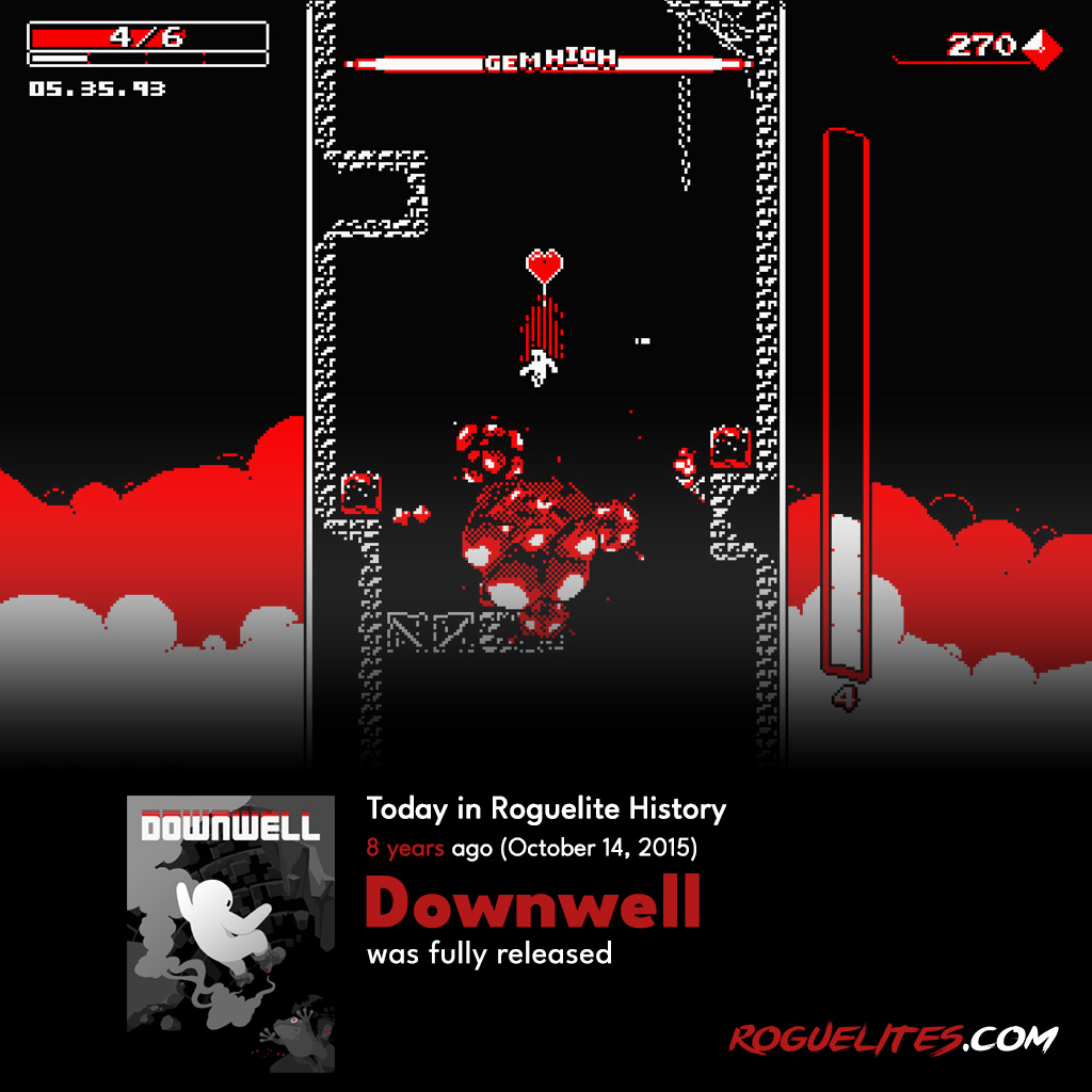 Today in Roguelite History: Today is the 8th anniversary of Downwell's full game release!

#todayinroguelitehistory #TodayInHistory #downwell #roguelites <a href="/moppppin/">もっぴん</a> <a href="/OjiroFumoto/">Ojiro Fumoto</a> <a href="/devolverdigital/">Devolver Digital</a> <a href="/DevolverJP/">Devolver Digital Japan</a>