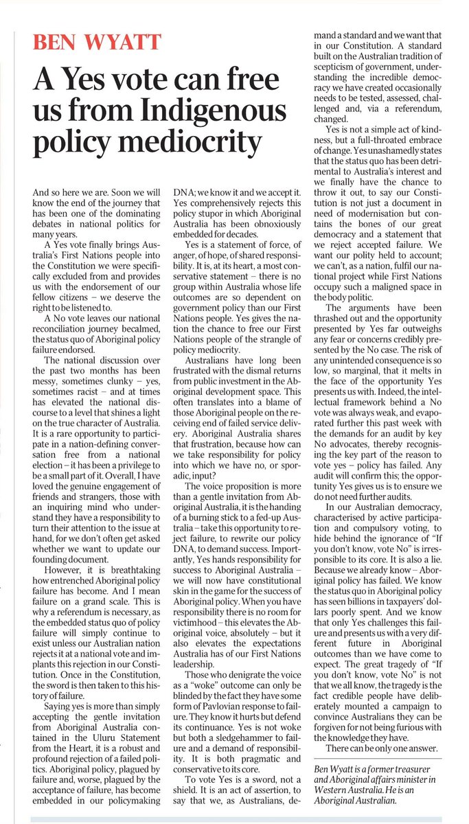 My final piece on the Voice in today's Weekend Australian. The Voice is more than a gentle offer, it's a real chance to reject entrenched failure of Aboriginal policy and to expect - demand - more.