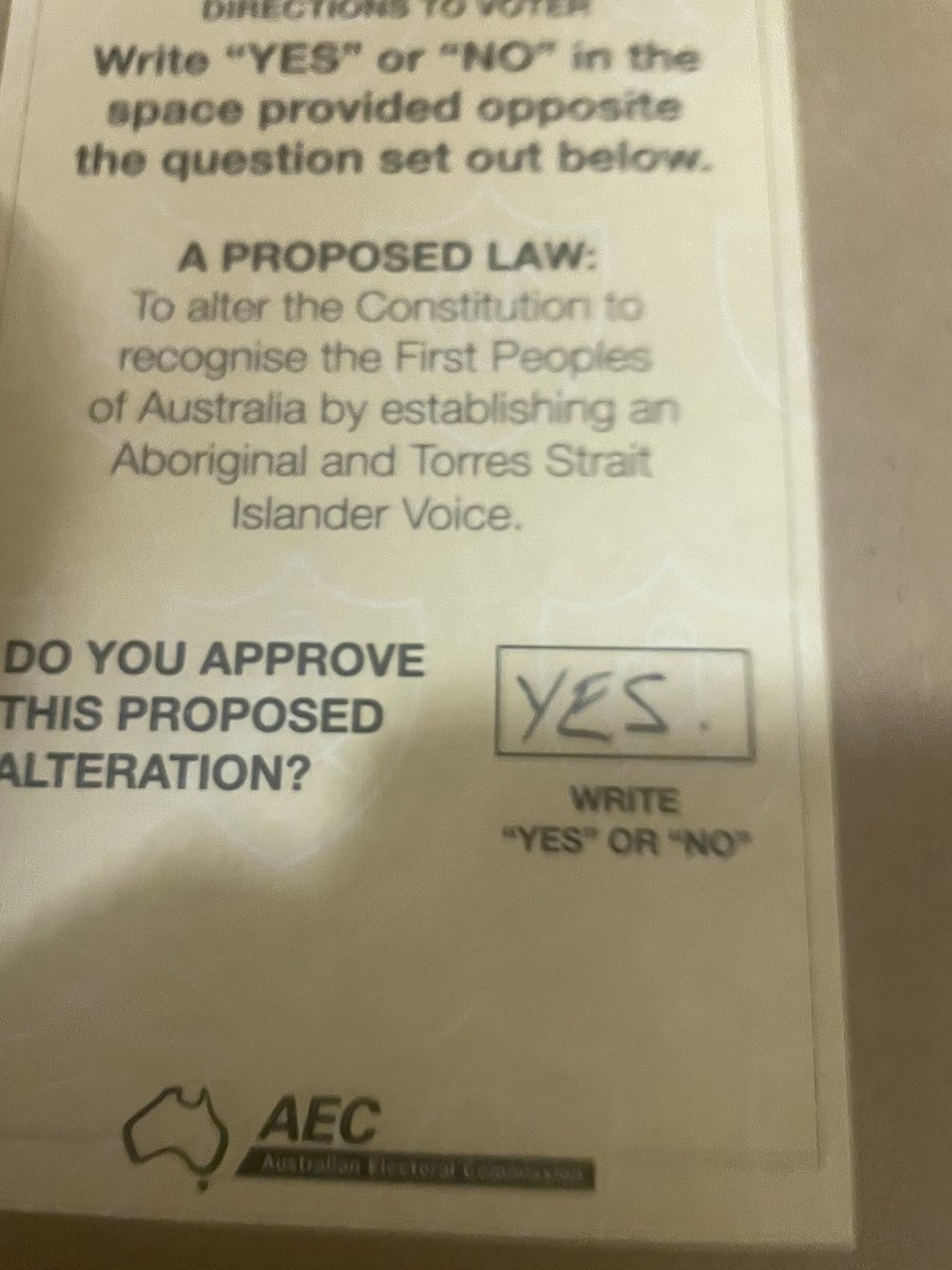 I want my grandchildren and their children to know how I voted today.If the original Australians aren’t recognised in the Constitution it will be up to their generation to make sure that the oldest civilisation on earth is recognised accordingly.