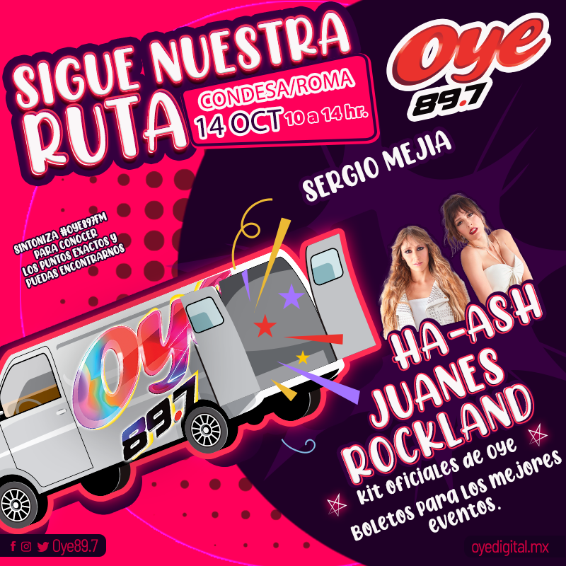 Oye897's tweet photo. ¡SIGUE NUESTRA RUTA!
La camioneta de #Oye897fm con @OyeSergioMejia
estará en Condesa/Roma de 10:00 a 14:00 para
regalarte boletos y Kit oficiales de #Oye89 🎶
Sintoniza oye 89.7 para conocer los puntos exactos.
Una pista empezamos en el Coloso de Reforma 🫣🙌🏻
#OyeMovil https://t.co/WWRfE1cehw