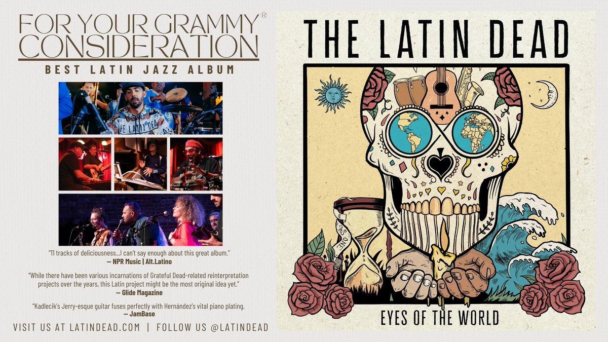 latindead's tweet photo. 🎶🪘Blending the rhythms of Latin jazz with the uplifting sounds of @GratefulDead has been a heartfelt journey for us. We're truly honored to be in the mix for a Grammy®️consideration🎷🌹#GratefulJazz #GrammyConsideration #FYC #GRAMMYs ☠️❤️ https://t.co/XNbHWZyrw9