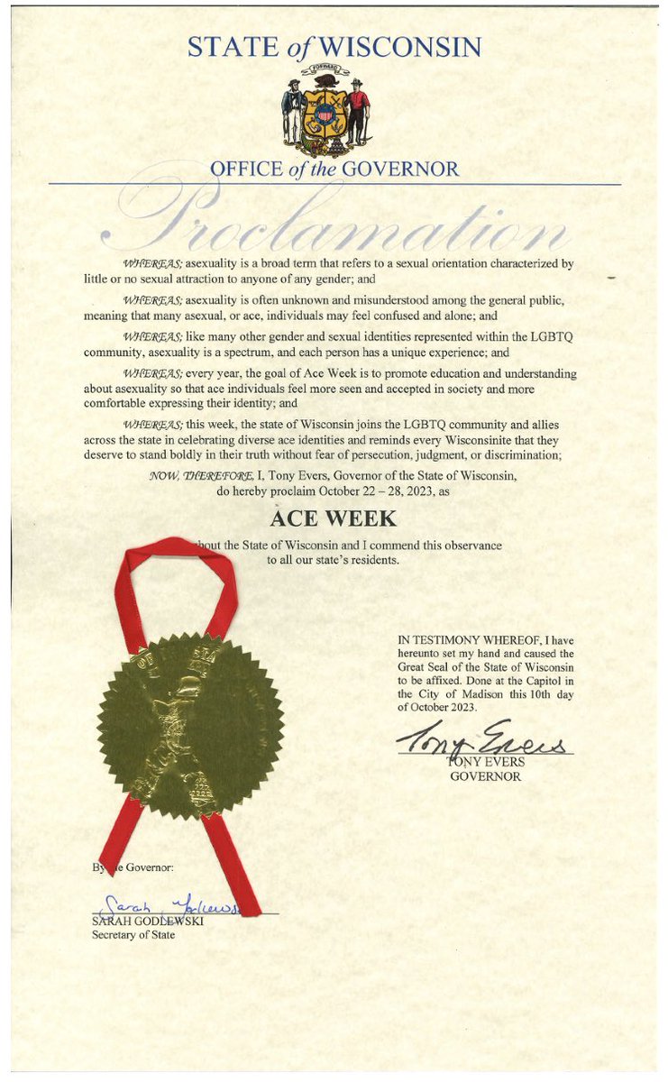 Patrick (@fluentlyaspec) on Twitter photo Back to back for the Badger state!
So excited to reveal that for the second consecutive year, the state of Wisconsin is recognizing Ace Week!
Thank you so much to Governor <a href="/Tony4WI/">Tony Evers</a> for seeing, hearing, recognizing, and advocating for asexual individuals.
<a href="/aceweek/">Ace Week</a> <a href="/asexuality/">AVEN - Asexual Visibility & Education Network</a> Back to back for the Badger state!
So excited to reveal that for the second consecutive year, the state of Wisconsin is recognizing Ace Week!
Thank you so much to Governor <a href="/Tony4WI/">Tony Evers</a> for seeing, hearing, recognizing, and advocating for asexual individuals.
<a href="/aceweek/">Ace Week</a> <a href="/asexuality/">AVEN - Asexual Visibility & Education Network</a>