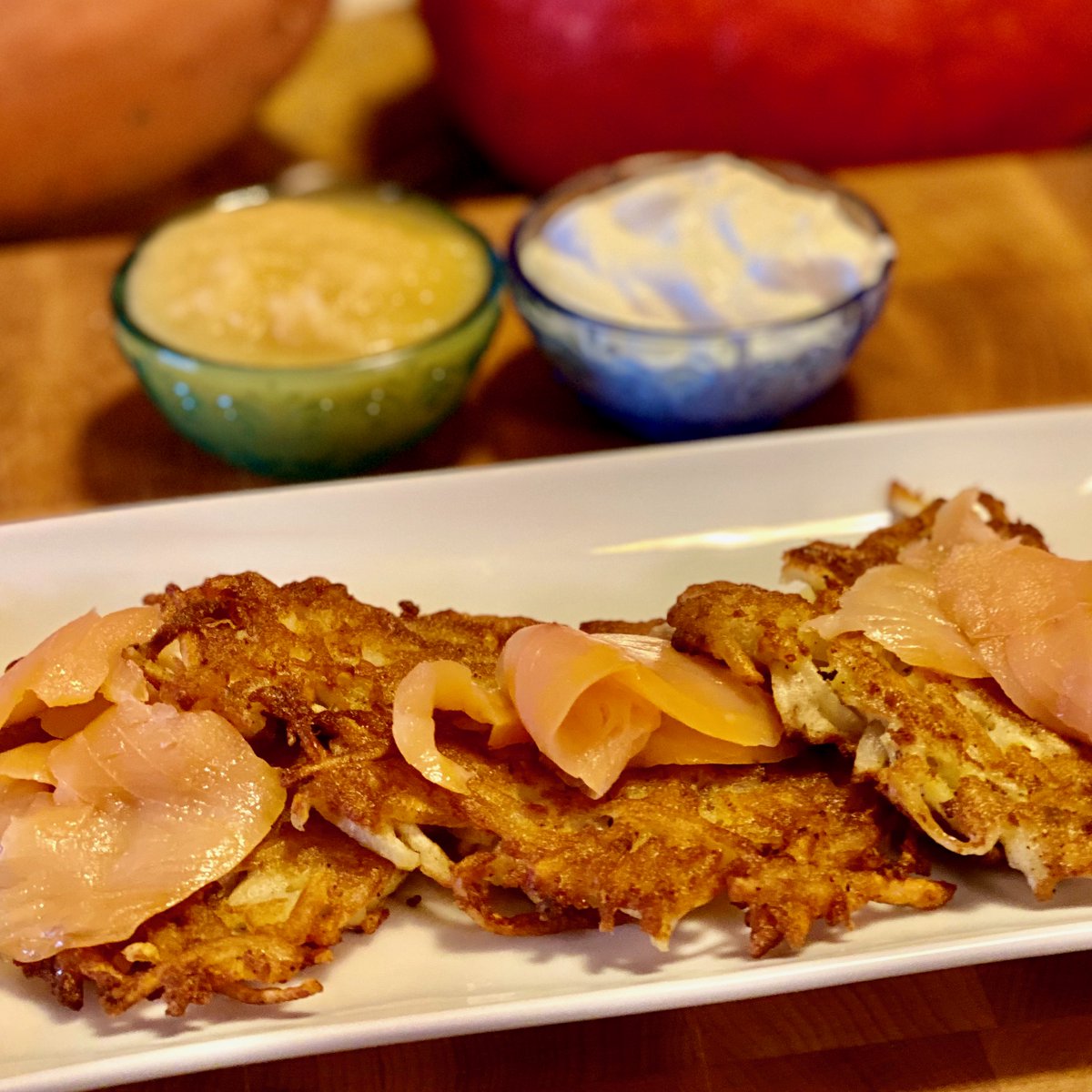 MrsMommy's tweet image. Tonight I tried a new recipe for Kartoffelpuffer, and also a new way of serving it, with smoked salmon. I will definitely serve it that way from now on...the salmon was a great addition! #germancooking