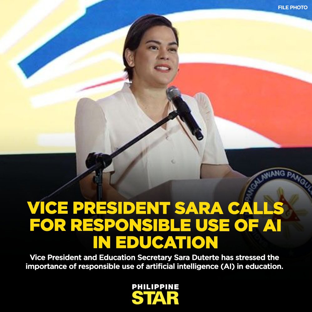 PhilippineStar's tweet photo. AI “has the potential to revolutionize the educational landscape” and redefine the way people acquire and apply knowledge, Duterte said in her speech during the commencement exercises of the University of Perpetual Help System DALTA. https://t.co/rNmUsCmyXK https://t.co/5bnowFZHNI