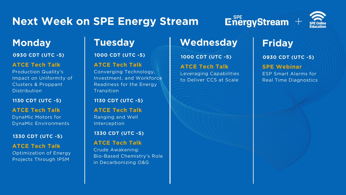 SPEtweets's tweet photo. Join us next week for a series of informative and exciting sessions on SPE Energy Stream. Register now to secure your spot!

https://t.co/8x02Izp9si

#SPEweeklymenu #SPEtechtalk #SPEenergystream #SPElive https://t.co/8icXJEPIXR
