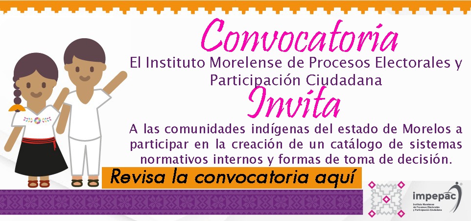 📷 El #Impepac invita a las comunidades indígenas del estado de Morelos a participar en la creación de un "Catálogo de Sistemas Normativos Internos y Formas de Toma de Decisión".
Consulta la convocatoria y participa, no te quedes fuera📷
📷 tinyurl.com/bdh3h54m