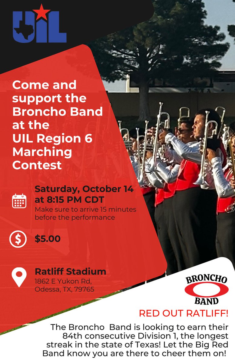 OHSBronchoBand's tweet photo. Don’t forget to come out to Ratliff tomorrow at 8pm to see the Broncho Band perform “From the Ashes” at the UIL Region Marching Contest🔴⚪️🔴 Time to 84!! https://t.co/GXKG1dT5vY