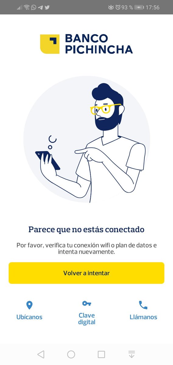 mafertis's tweet photo. Buenas tardes alguien más tiene este problema con la banca móvil de banco Pichincha. Aunq tengo wifi me sale q no estoy conectado https://t.co/rWoYv4CRL4