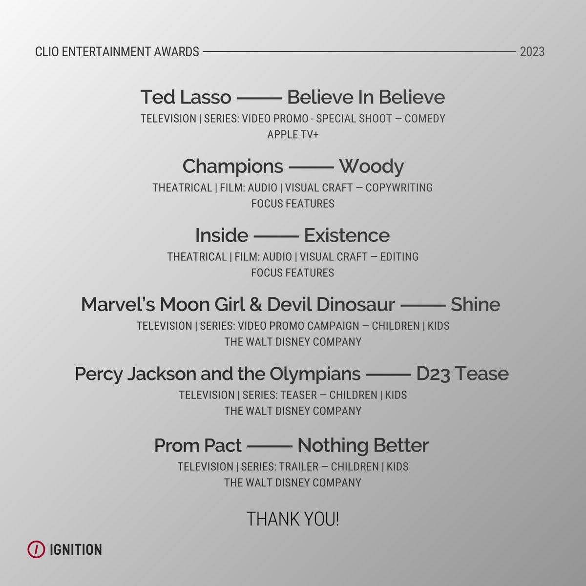 Super thrilled to announce that Ignition Creative is shortlisted for 12 #ClioEntertainment awards! We are so proud to have such an amazing team that consistently puts out exceptional work! Congrats to our partners and everyone on the @ClioAwards shortlist. ❤