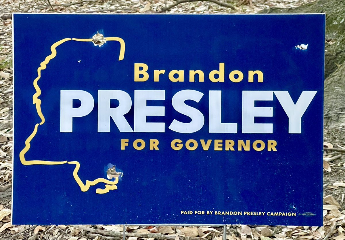 Delta_Moose's tweet photo. Nothing like coming home to find someone has shot up the campaign sign in your front yard. Way to keep it classy, Mississippi. I suppose civil discourse and basic respect are beyond some people. @BrandonPresley @tatereeves #mississippigovernorsrace https://t.co/okKN0nyLOO