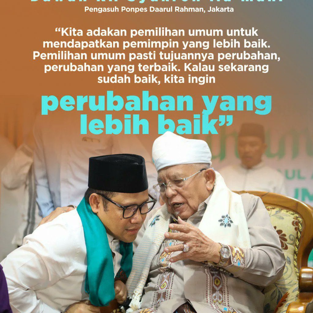 Gus Imin menghadiri Peringatan Maulid Nabi sekaligus Haul Masyayikh Pondok Pesantren Ihyaul Ulum, Gresik dan bertemu beberapa Kiai Jawa Timur. Dalam kesempatan tersebut, Gus Imin mendapat dukungan dan doa restu Pengasuh Ponpes Al-Munawwir KH Chaidar 

#AMINJagaAmanah