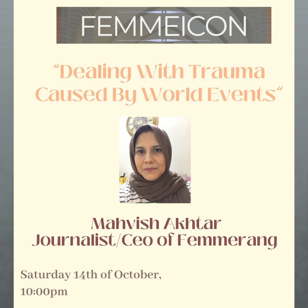 MahvishA's tweet photo. War and global suffering cause all sorts of trauma and confusion. It's hard to watch others go through extreme conditions. The Hurt of feeling helpless turns into anger. 
We can't deny the impact of these events on our mental health. 
Saturday, 14th October @femmerang Instagram https://t.co/ZTUozb4H7O