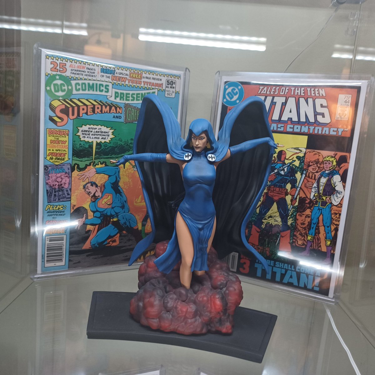 Here's this week's #topshelffriday submission, my #TeenTitans shelf with #Raven statue. #1stappearance #Raven, #Cyborg, #Starlite, & #Nightwing.