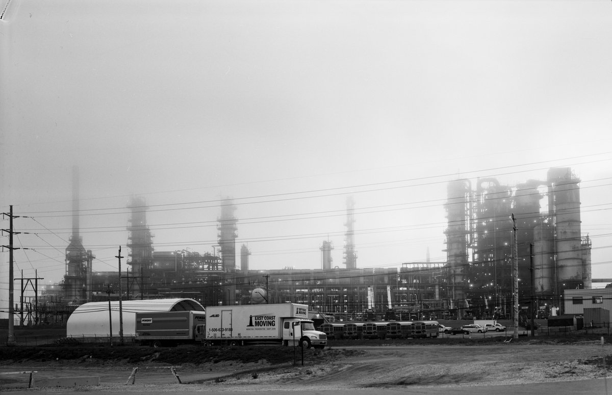 More of the Irving family's holdings in foggy Saint John, New Brunswick. The Irving Oil refinery is purportedly Canada's largest and produces most of Boston's gasoline. (Shen Hao 810 AC, 250 mm f5.6 Nikkor W, @KodakProFilmBiz TXP 320)