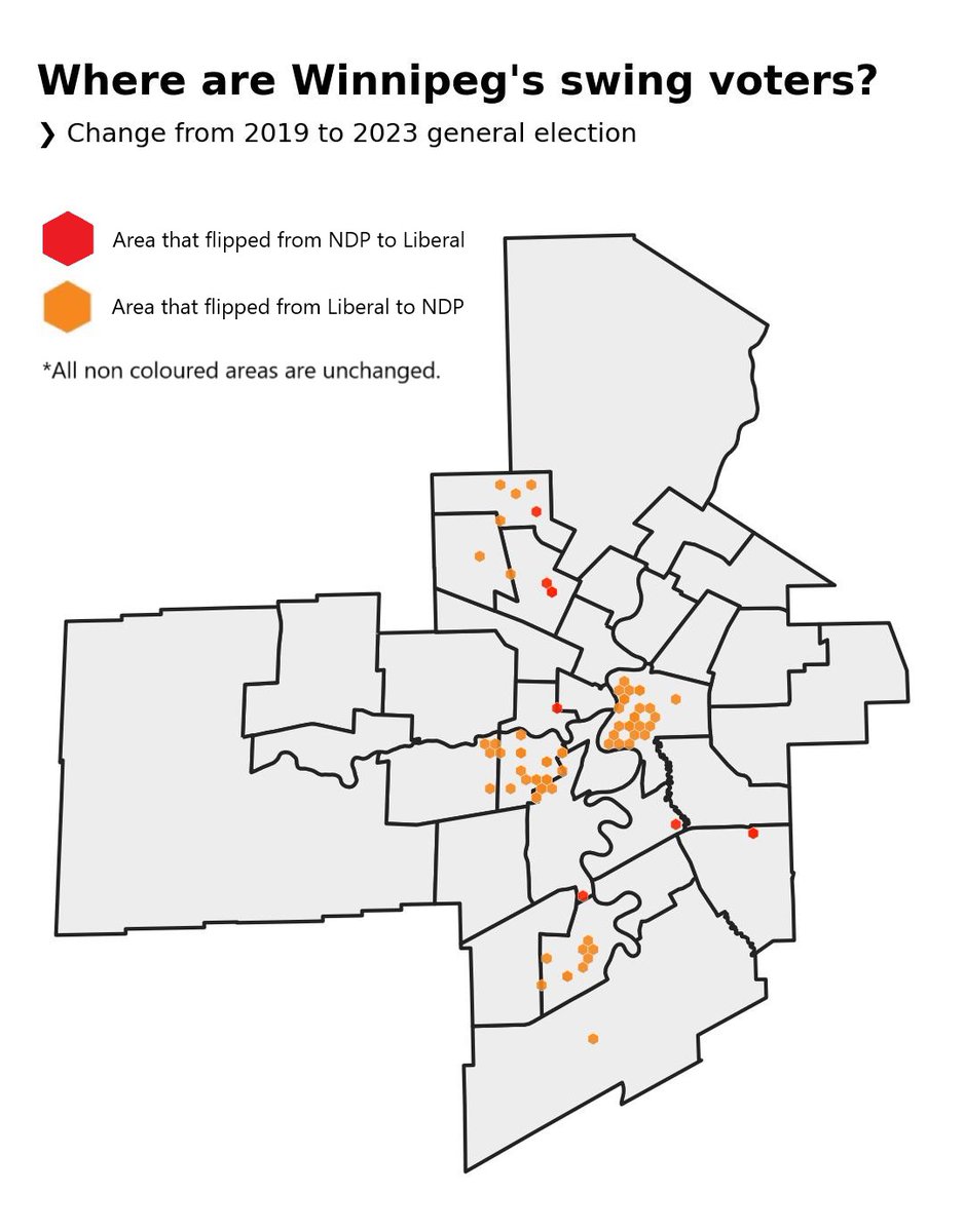 jacquesmarcoux's tweet image. And this is one of the keys to the NDP win: You can see all the liberal voters that flipped to the NDP... especially in St. B, River Heights and Fort Richmond.
#mbpoli #mbelxn23 /2