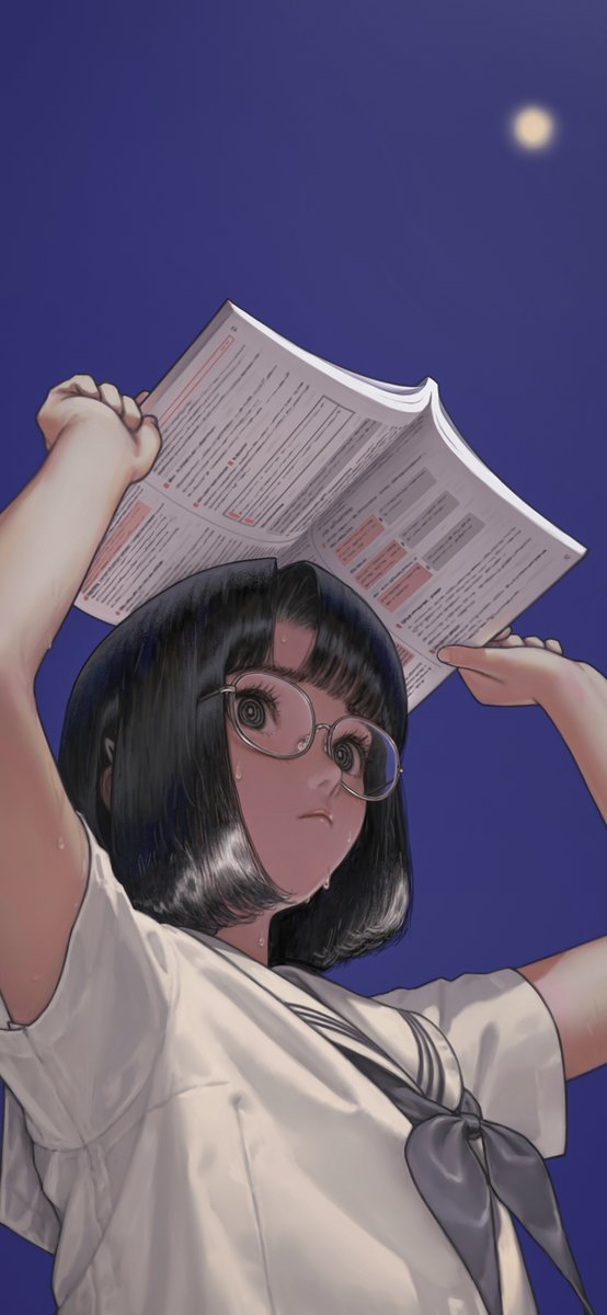 1girl solo glasses black hair school uniform holding shirt  illustration images