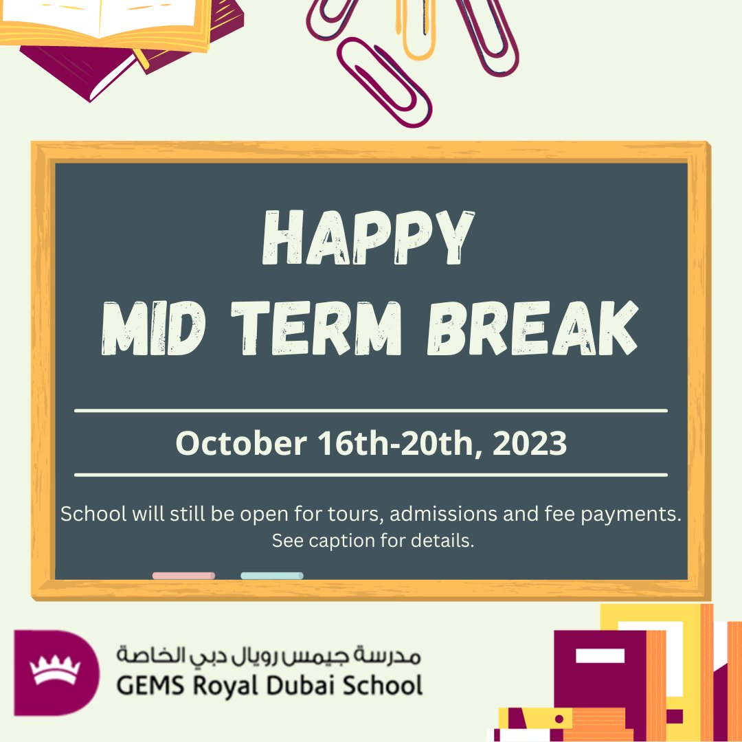 Mid-Term Announcement!
We are wishing our community a happy half-term break! School will be closed for classes from October 16-20th, but we will still be open for tours, admissions and fee payments during this week, from 7:30am-4:30pm.
We hope you enjoy your break and have fun.