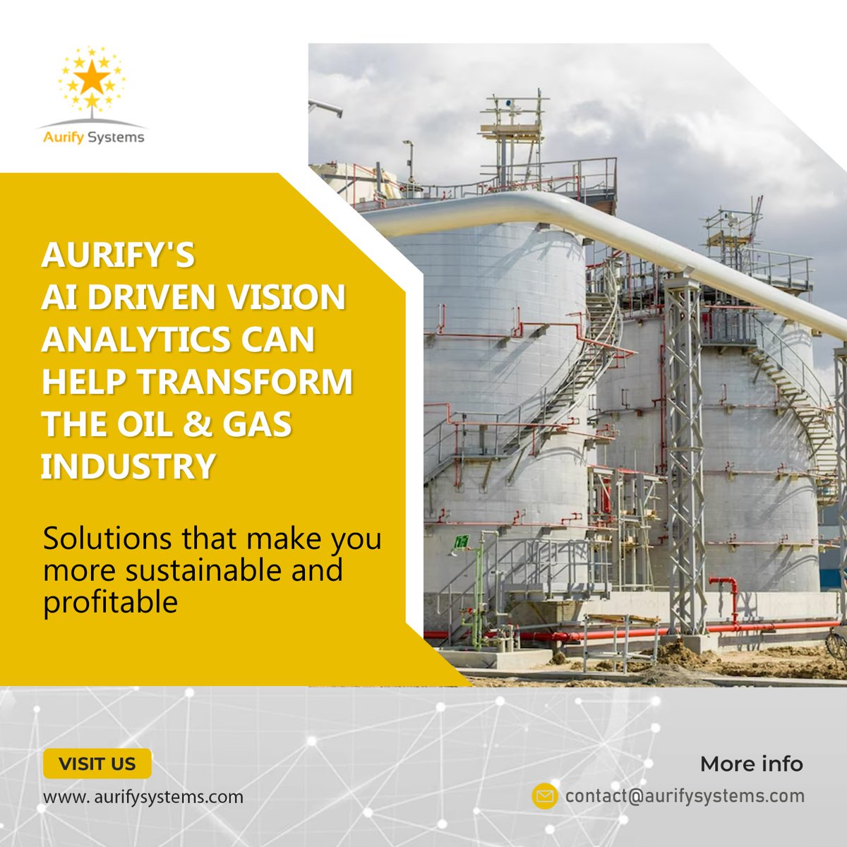 AurifySystems's tweet image. At Aurify, we design AI-driven vision analytics solutions that help the Oil &amp;amp; Gas and Energy Industry become more environment friendly, reduce emissions, minimize waste, and become more sustainable.

#AI #OilAndGas #VisionAnalytics #analytics #aurify #AISolutions #middleeast