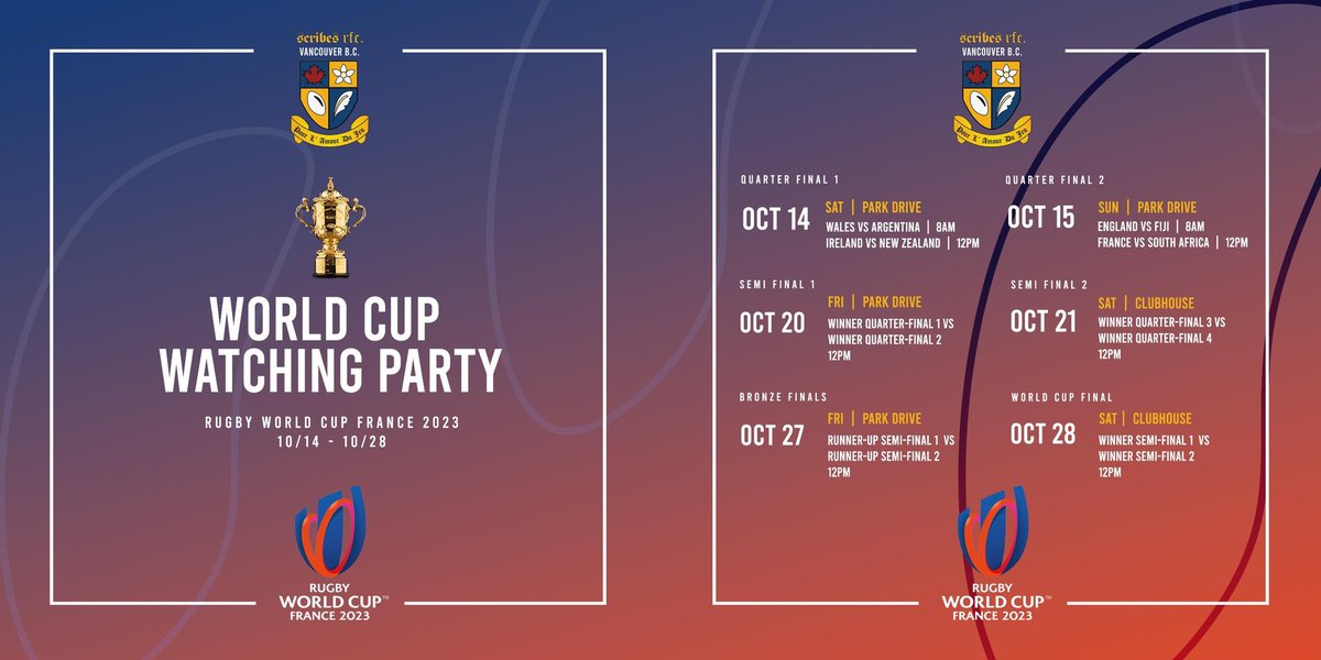 World Cup Watching Party 🎉🎉

Join us for all the games from October 14th to 28th! We'd love to have you with us to watch the Rugby World Cup together!!

<a href="/rugbyworldcup/">Rugby World Cup</a>
<a href="/bcrugbyunion/">BC Rugby</a>