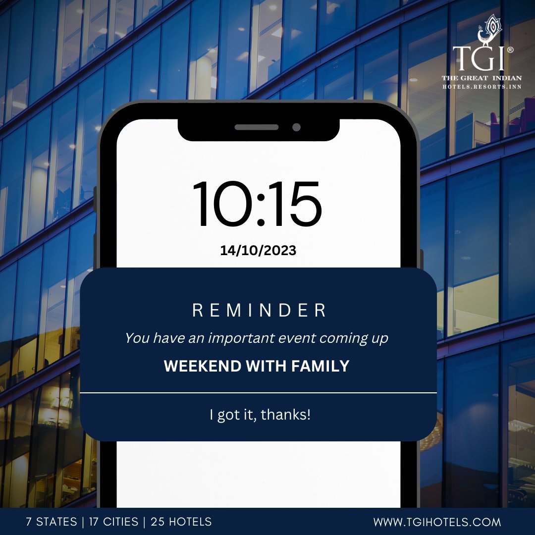 tgi_hotels's tweet photo. Work can wait, but moments with family are priceless. This weekend, let's prioritize what truly matters. Unplug from work, reconnect with loved ones, and make lasting memories.
#ExperienceTGI #FamilyFirst #WeekendTogether #WorkLifeBalance https://t.co/jsMgLox5vb