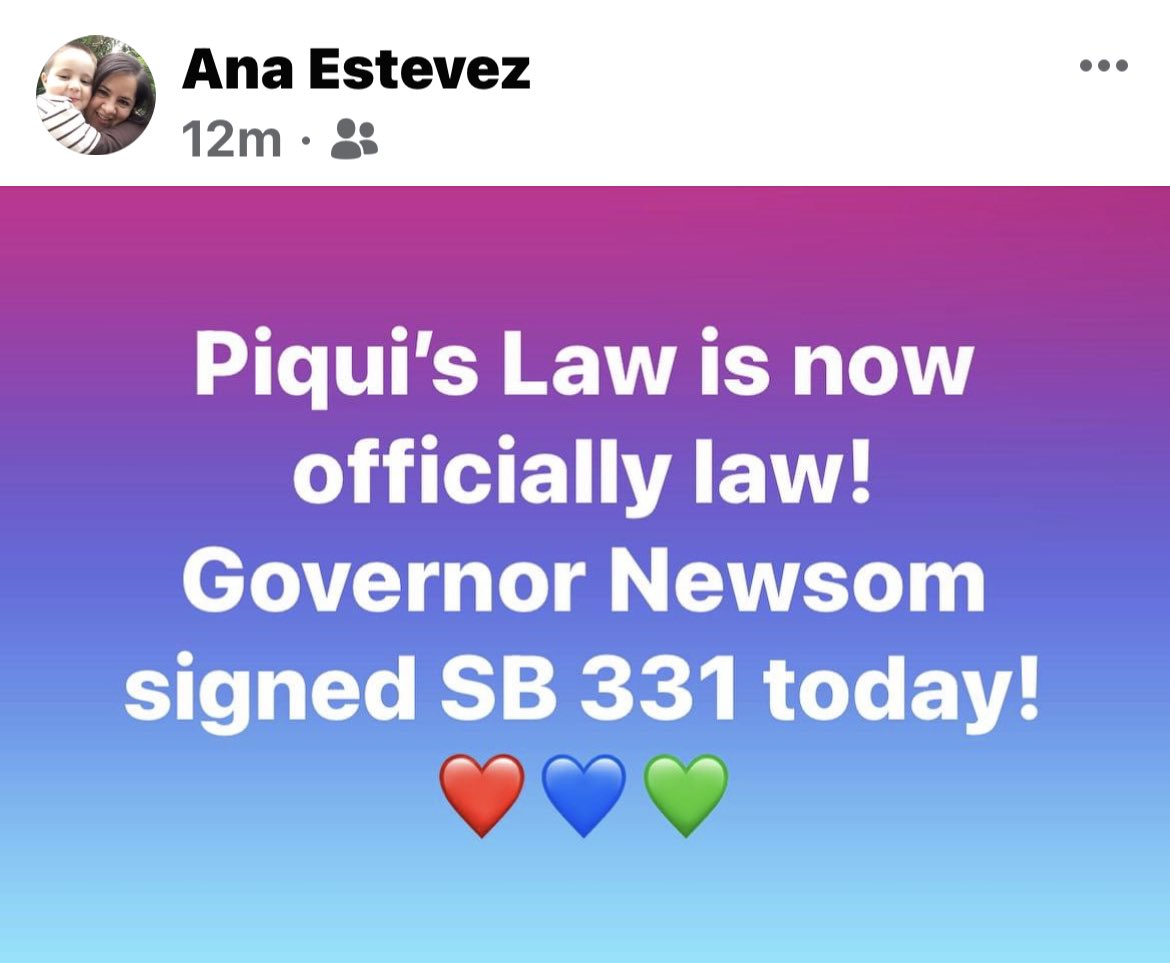 #PiquisLaw SB331 was signed into law by <a href="/GavinNewsom/">Gavin Newsom</a> this evening! 

The new CA law will severely limit #familycourts from ordering unregulated, unsafe “reunification” treatments predicated on cutting off children from <a href="/safe_parents/">National Safe Parents Organization</a> and bans forcibly transporting  children.