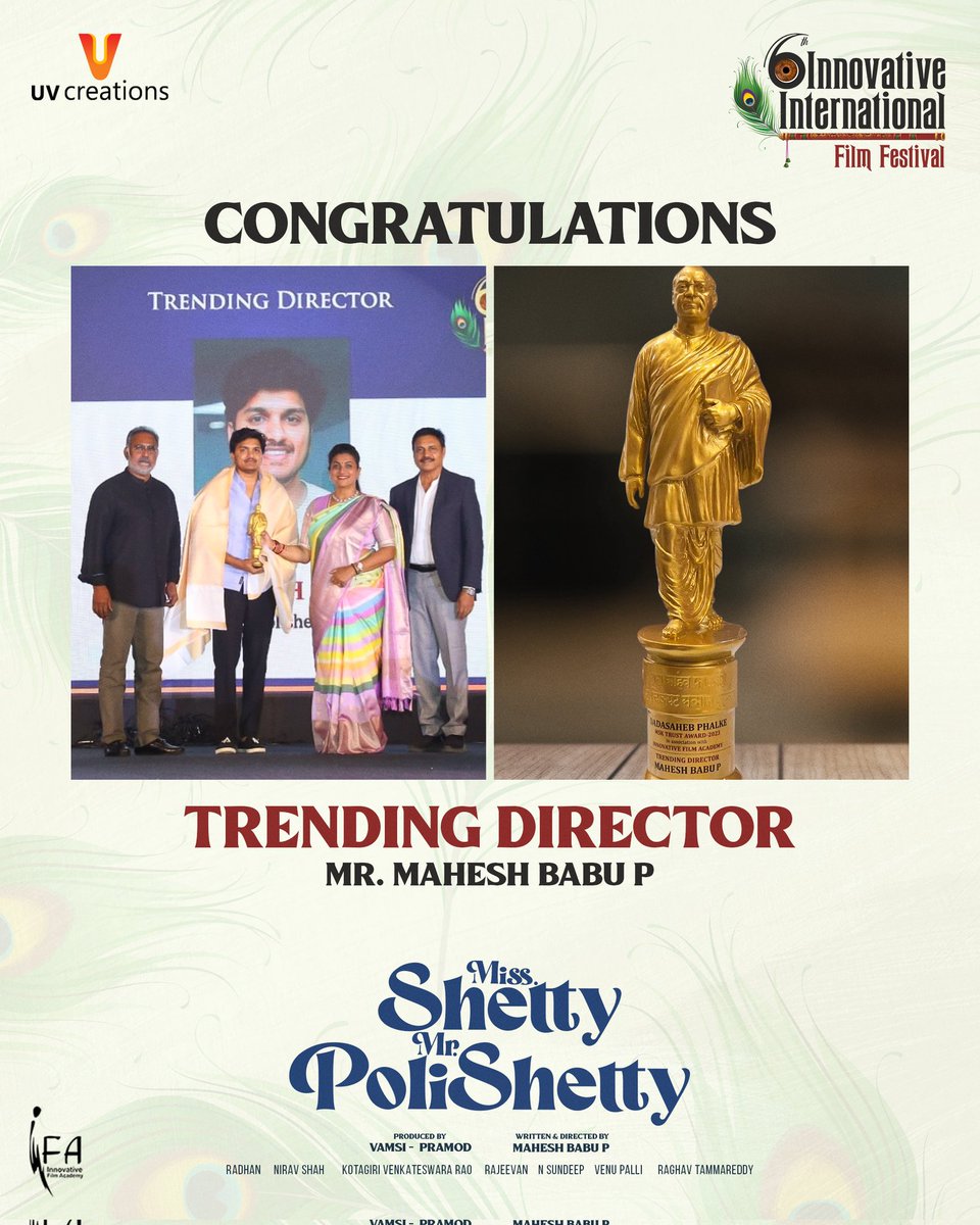 SureshPRO_'s tweet photo. A standing ovation to the #TrendingDirector @filmymahesh at the Innovative International Film Festival 👏
𝐁𝐢𝐠𝐠𝐞𝐬𝐭 𝐄𝐧𝐭𝐞𝐫𝐭𝐚𝐢𝐧𝐞𝐫 𝐎𝐟 𝐓𝐡𝐞 𝐘𝐞𝐚𝐫 Now Streaming on #Netflix
#BlockbusterMSMP
#MissShettyMrPolishetty
@UV_Creations @MsAnushkaShetty @naveenpolishety @adityamusic