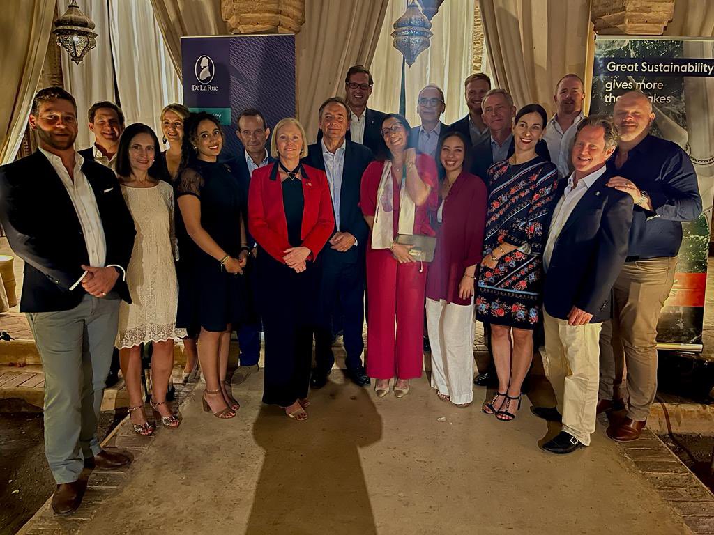 UKSimonMartin's tweet photo. On the sidelines of @MoroccoAM2023 , @UKinMorocco hosted a reception with @DeLaRuePlc , to celebrate the UK Morocco £3.2bn trading relationship, driven by innovative and sustainable businesses like De La Rue – the world’s largest commercial provider of banknotes. https://t.co/lXbqBlqkI4
