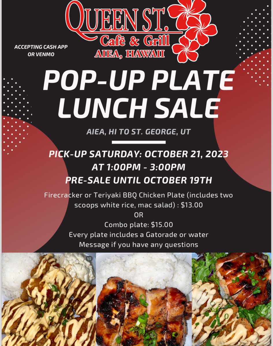 queenstcafe's tweet photo. Aloha Family &amp; Friends! We are doing a pop up plate lunch sale bringing a taste of back home to Utah. Hope to see y’all on 10/21

Pick up Saint George, UT https://t.co/HquP8NPq1e