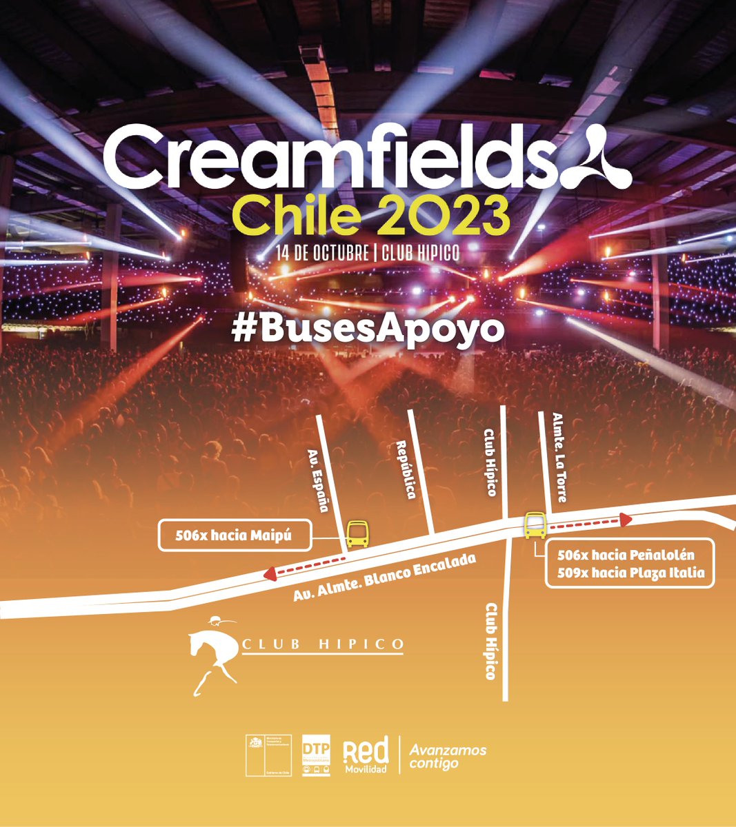 Transantiago's tweet photo. 🎶¿Serás parte de la experiencia #CreamfieldsCL ?🔈
#HOY 14 de octubre nos conectamos contigo ⚡️ y acompañaremos tu regreso a casa con los #BusesApoyo que estarán para ti a la salida del evento en #ClubHipico.
✅Conoce horarios y destinos aquí 👇 https://t.co/MfKrVVDKAQ