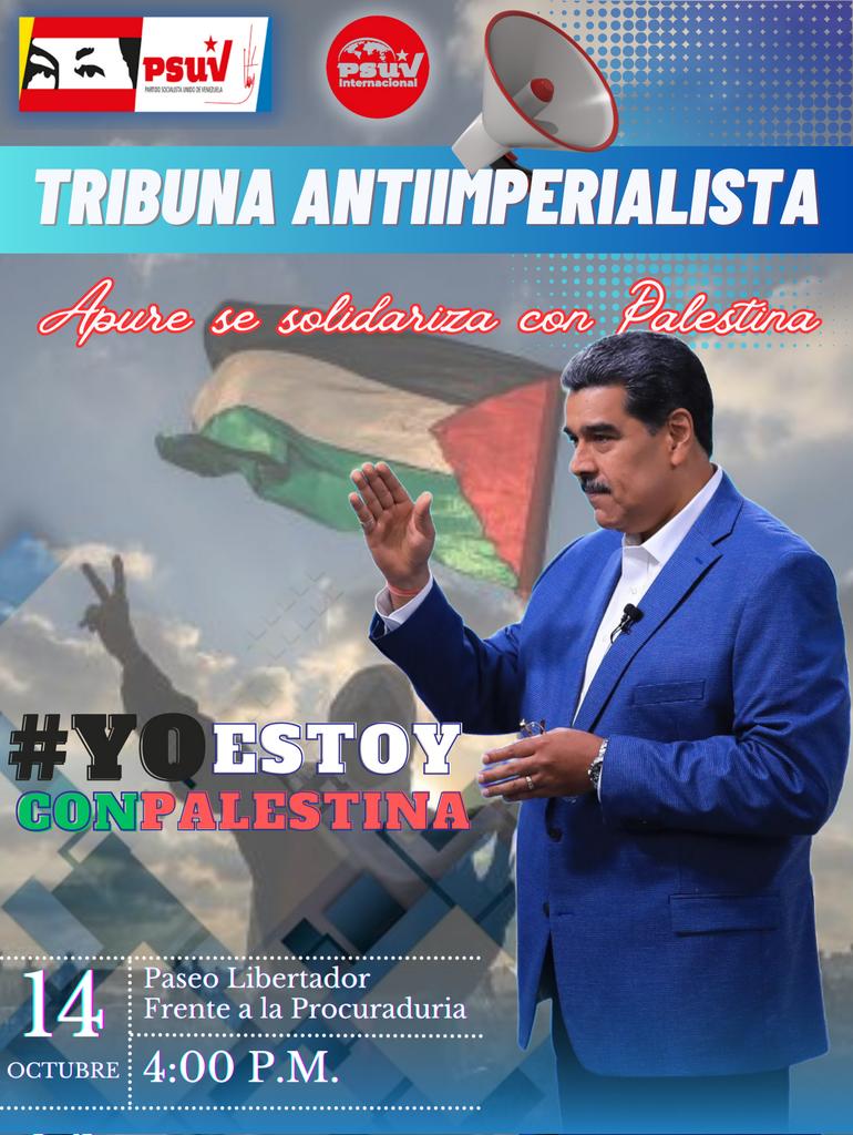 Apure se solidariza con Palestina

Este sábado #14Oct invitamos a todo el pueblo de Apure a la gran tribuna antiimperialista; actividad a realizarse desde el paseo libertador de San Fdo. En rechazo al genocidio y el derecho a la libre determinación del pueblo Palestino.
