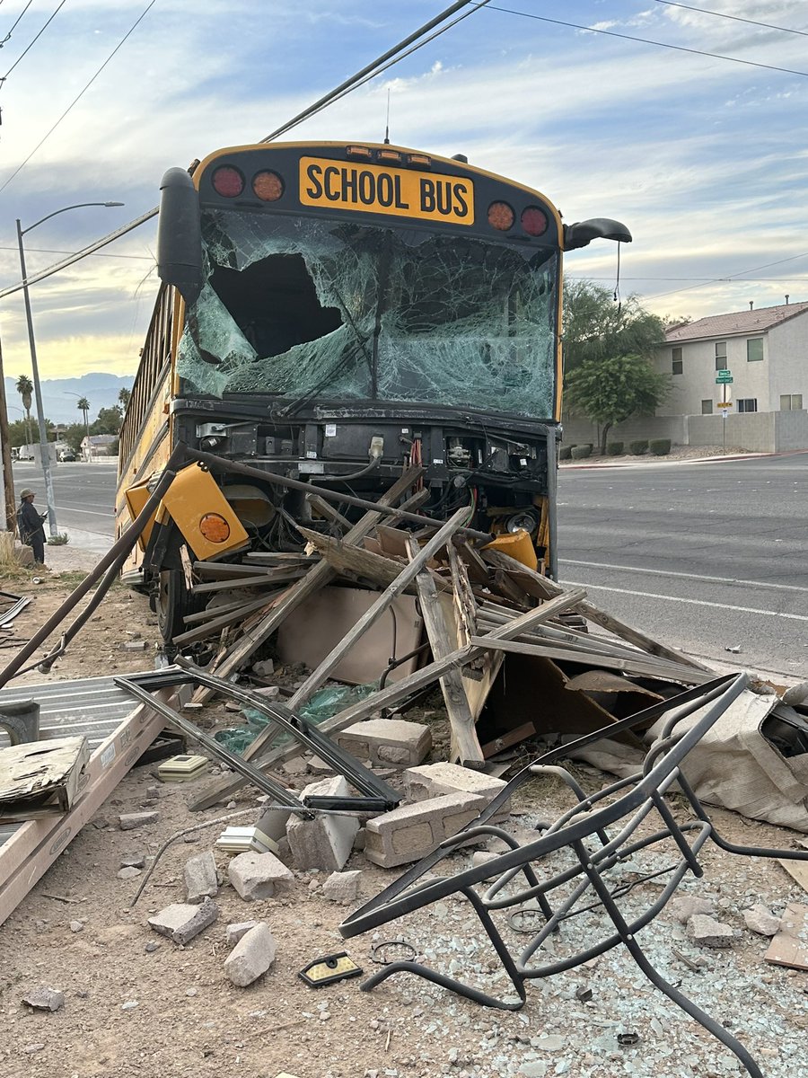 SashaLoftis's tweet photo. NOW: A CCSD bus crashed in the far east valley today- after officials say the driver had a medical episode. 

We spoke with the man who’s fence was hit- he said other drivers in the area helped get the 20 kids off. District officials tell us they are all okay. @8NewsNow https://t.co/m9Eo1yLiQt