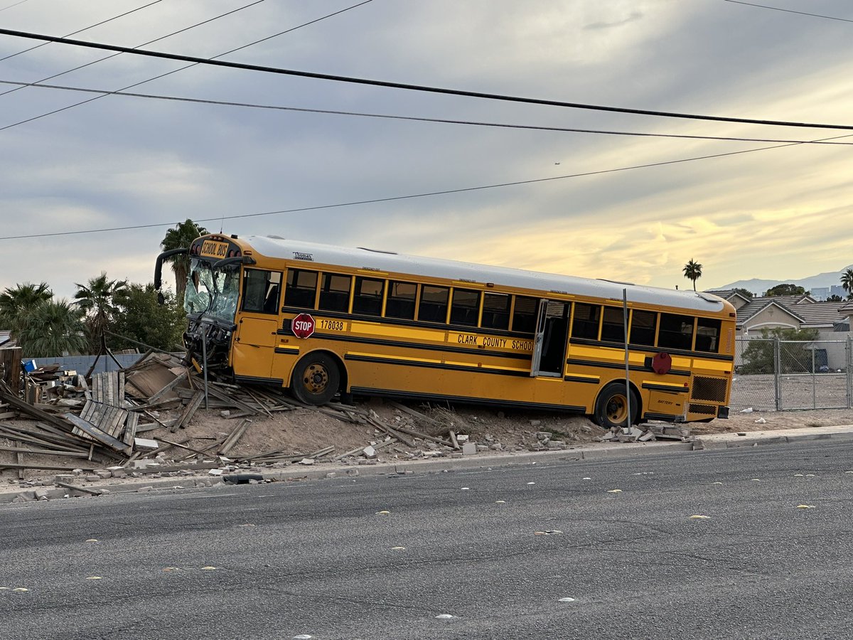 SashaLoftis's tweet photo. NOW: A CCSD bus crashed in the far east valley today- after officials say the driver had a medical episode. 

We spoke with the man who’s fence was hit- he said other drivers in the area helped get the 20 kids off. District officials tell us they are all okay. @8NewsNow https://t.co/m9Eo1yLiQt