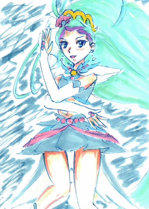 #プリキュア版深夜の真剣お絵描き60分一本勝負 遅刻参加、お題「海・水・氷のプリキュア」 3つ兼ねてるプリキュア、マーメイドしか思いつかなかった。
