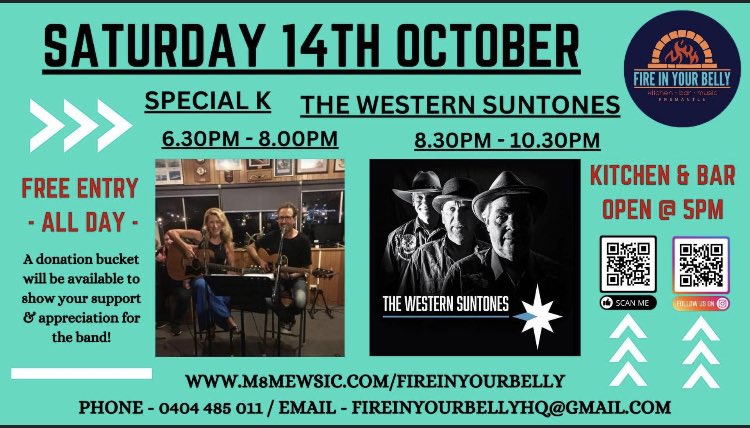thesuntones's tweet photo. Tonight The Western Suntones hit the Belly ! Fire In Your Belly Fremantle 8:30pm join us on the Freo trail of dreams🤠 https://t.co/7K1DdPRl7d