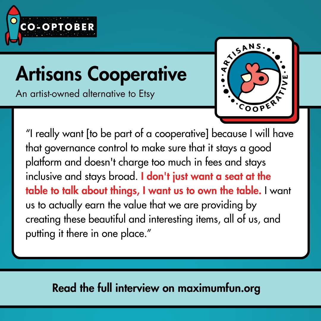This week of Co-Optober is all about cooperation between cooperatives, and as part of that, we’ve got interviews with five different worker-owned creative co-ops! First up is <a href="/CoopArtisans/">Artisans Cooperative</a>, an artist-owned Etsy alternative. 

maximumfun.org/news/artisans-…