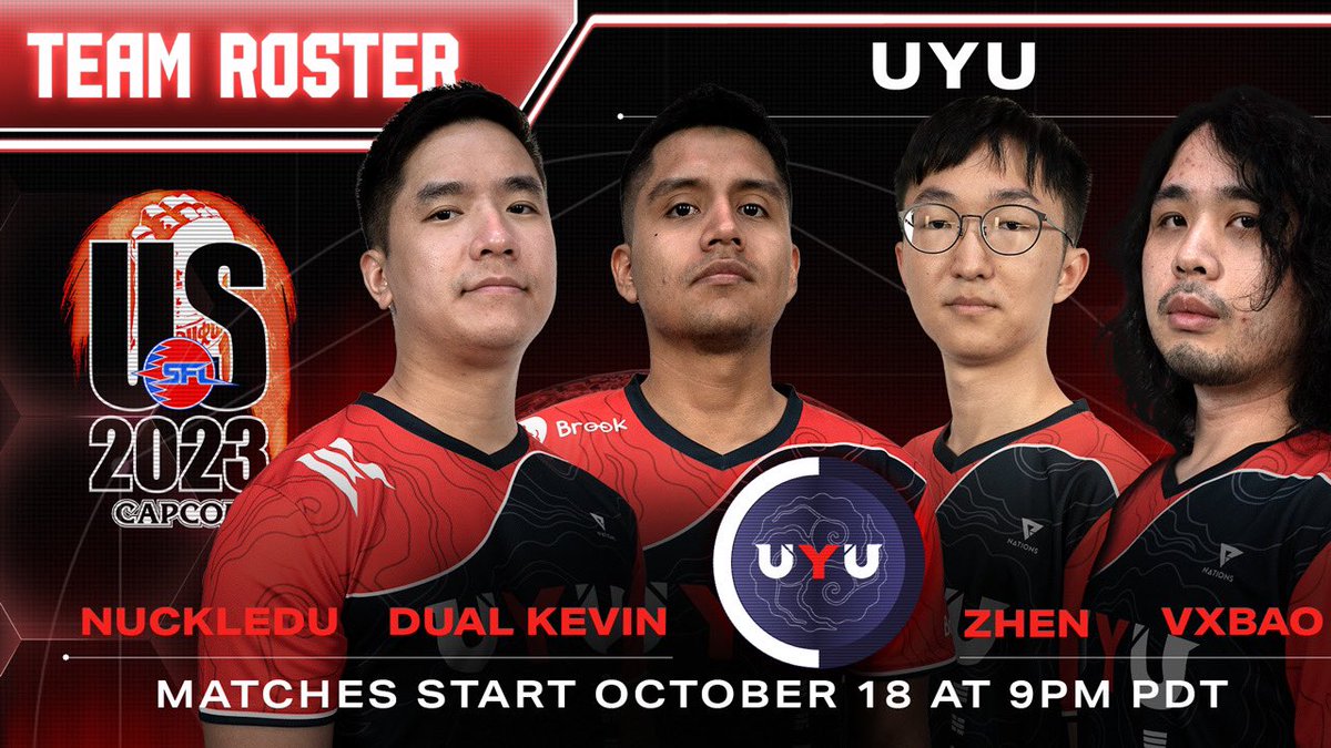 CapcomFighters's tweet photo. They’re back for another Street Fighter League season! 

Welcome back, @UYU with @NuckleDuDang, @Dual_Kevin, @zhennnkuang, and @Vxbao_tomie to #SFLUS2023! 

The new season streams on October 18th! https://t.co/uR51R97VBl