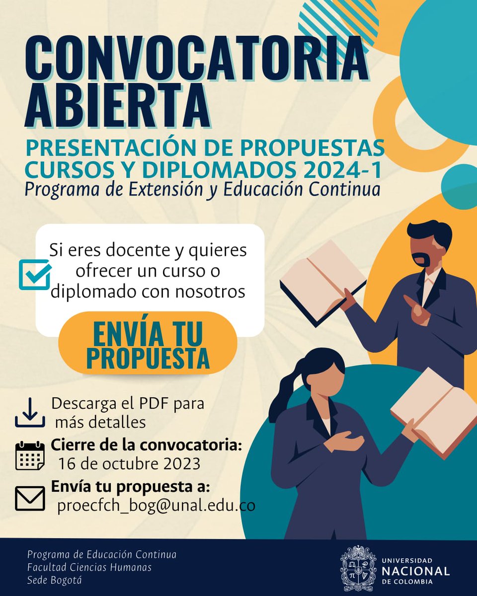 Les extendemos la invitación del Programa de Extensión y Educación Continua de la Facultad de Ciencias Humanas de la Universidad Nacional de Colombia “Convocatoria para la presentación de propuestas de educación continua y permanente 2024-1"