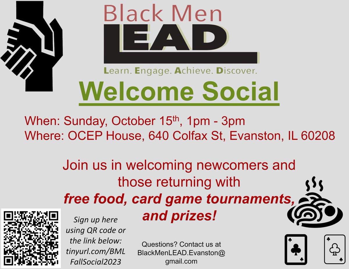 Black Men LEAD is hosting its first event for the new school year!

Please join us in welcoming newcomers and those returning with free food, card game tournaments, and prizes!

Sign up using the QR code below or at tinyurl.com/BMLFallSocial2…