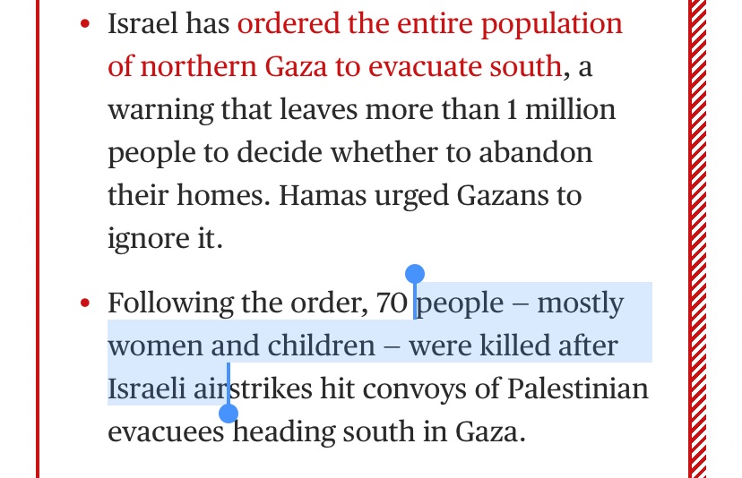 Demanding that families evacuate and then bombing them as they leave—does this create the same moral outrage as Hamas’ attacks? I thought we had all agreed that killing children in cold blood was pure evil.