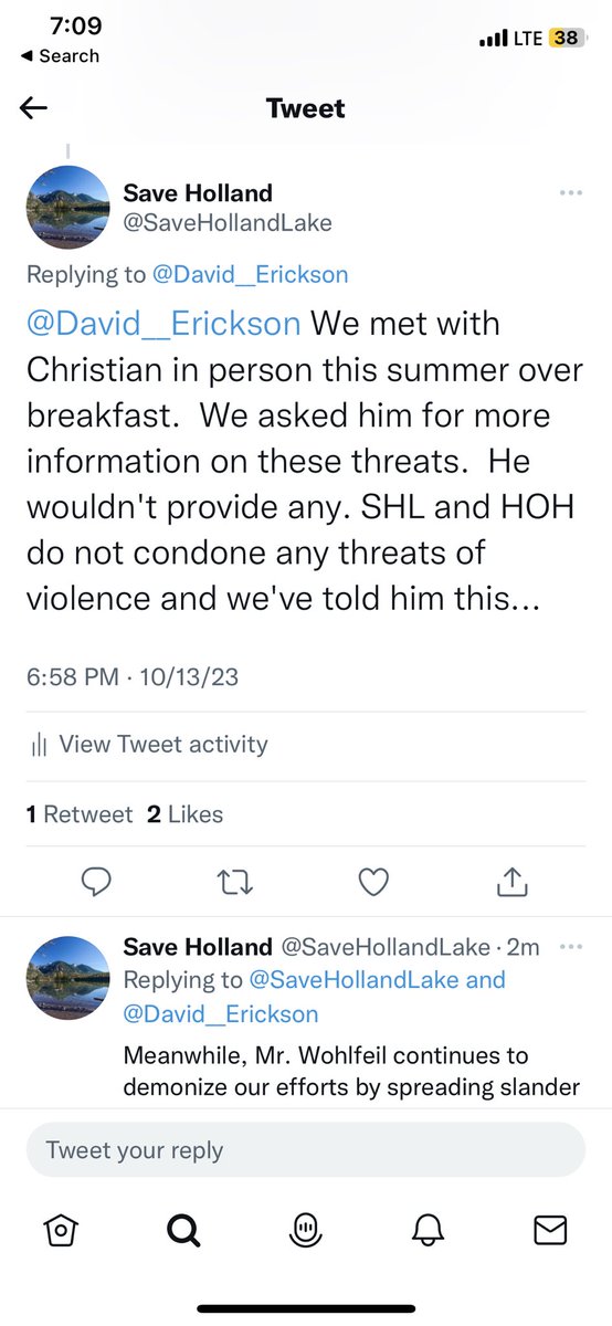 SaveHollandLake's tweet photo. Responding to @David__Erickson  
Save Holland Lake and Hands off Holland do not condone violence nor have we seen any proof. Even after calling local law enforcement and the FBI.  Even after a personal meeting with Christian. We asked for details.  He refused to provide any. https://t.co/cOYYZNazo2