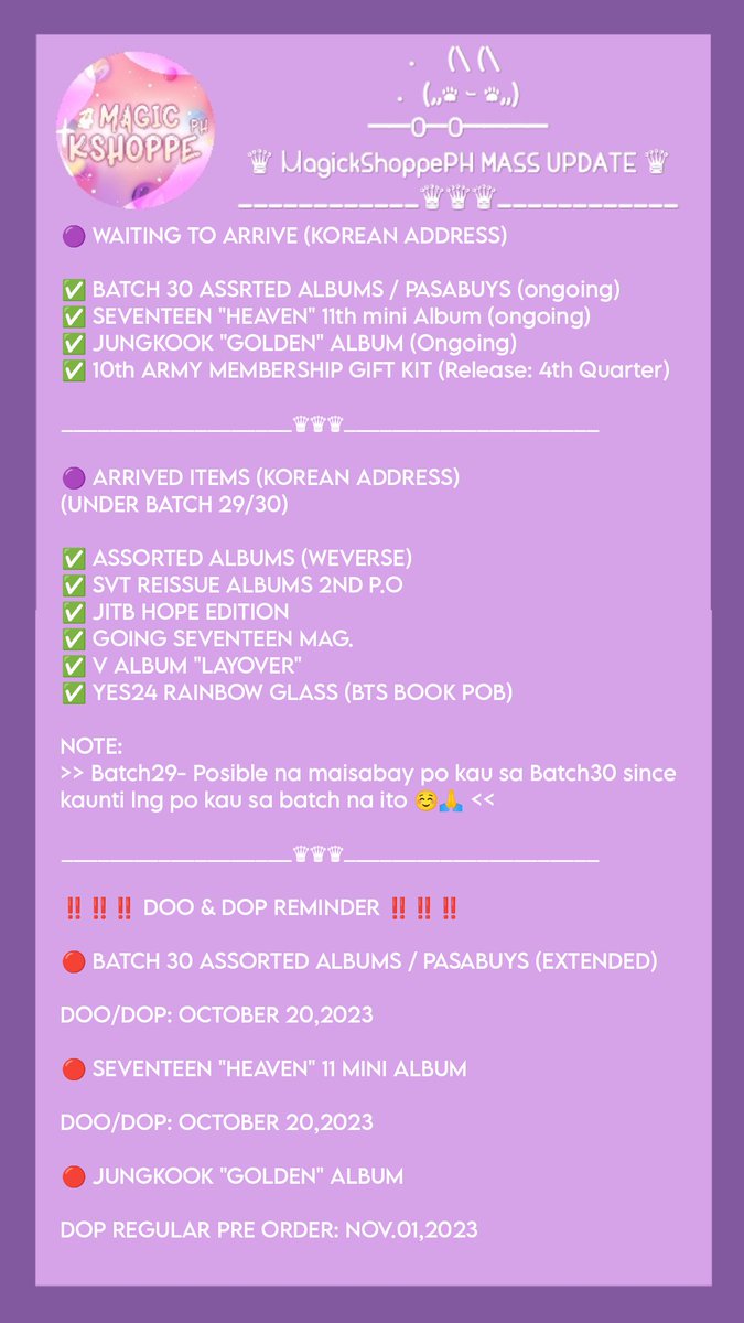 mniBangtAnn613's tweet photo. #MKSPHUpdate ๐
๐Mass Update OCT.14,2023๐
๐ข Please read our Mass Updates carefully๐
๐ For any concerns na wala po sa mass Update Pls kindly Dm me๐ https://t.co/d38cktHM8S